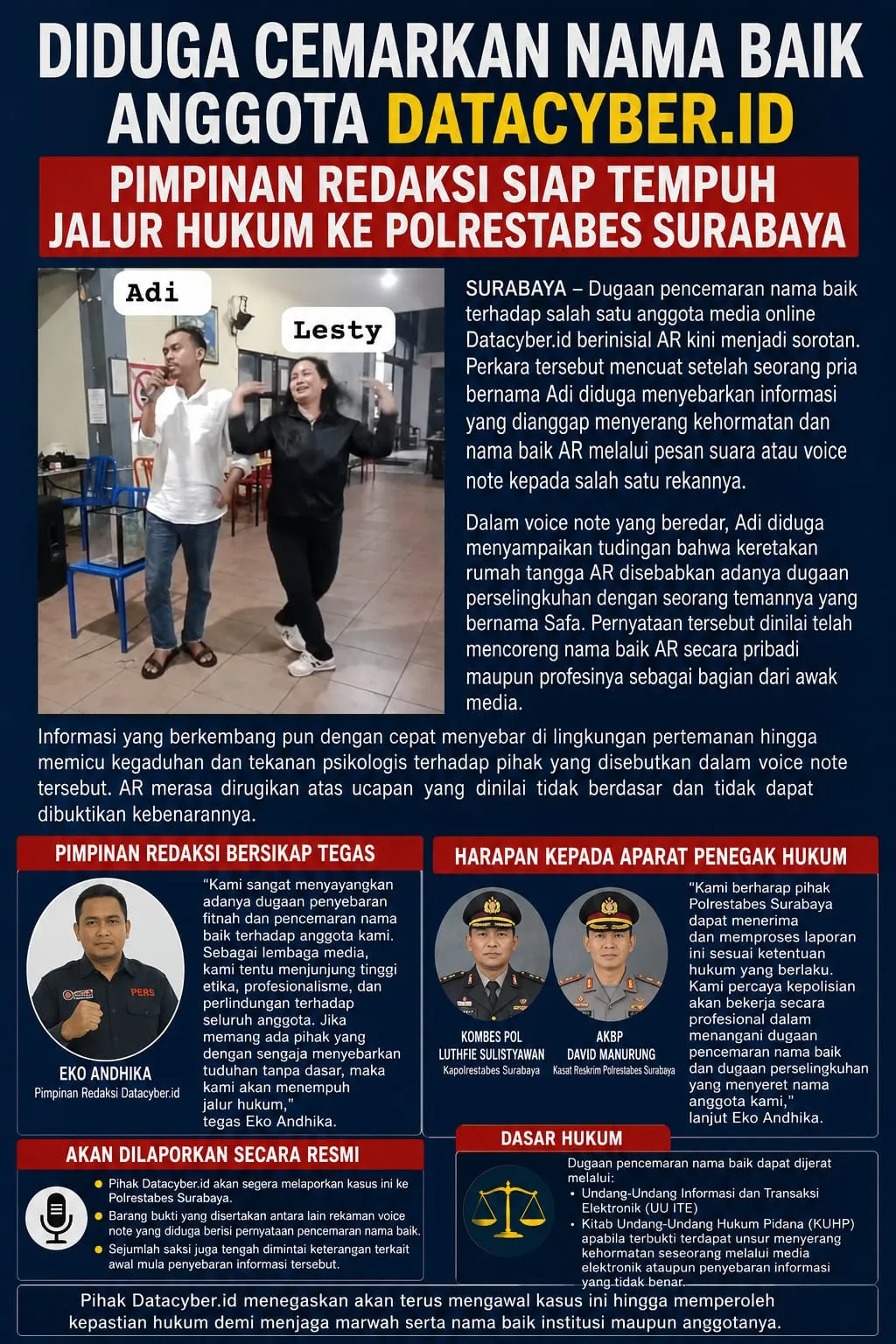 Diduga Cemarkan Nama Baik Anggota Datacyber.id, Pimpinan Redaksi Siap Tempuh Jalur Hukum ke Polrestabes Surabaya