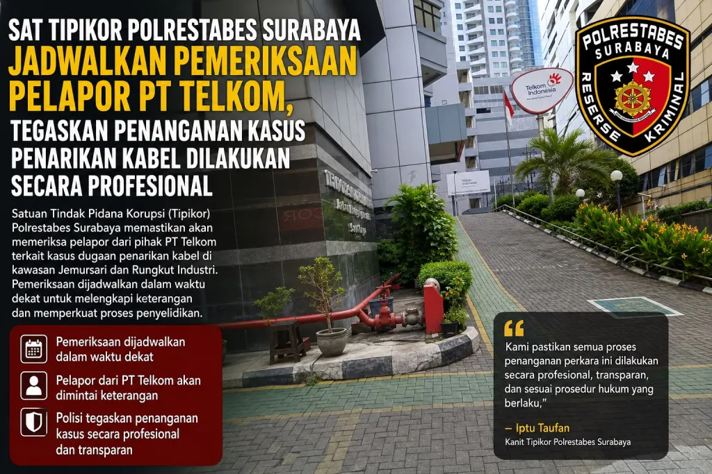 Sat Tipikor Polrestabes Surabaya Jadwalkan Pemeriksaan Pelapor PT Telkom, Tegaskan Penanganan Kasus Penarikan Kabel Dila