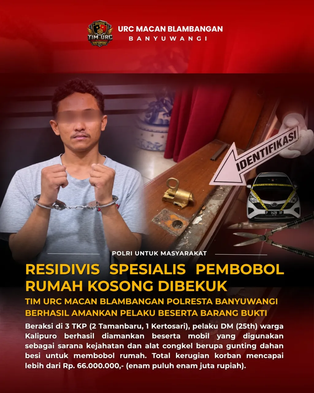 Residivis Spesialis Pembobol Rumah Kosong Kembali Dibekuk Tim URC Macan Blambangan, Kerugian Korban Capai Rp66 Juta