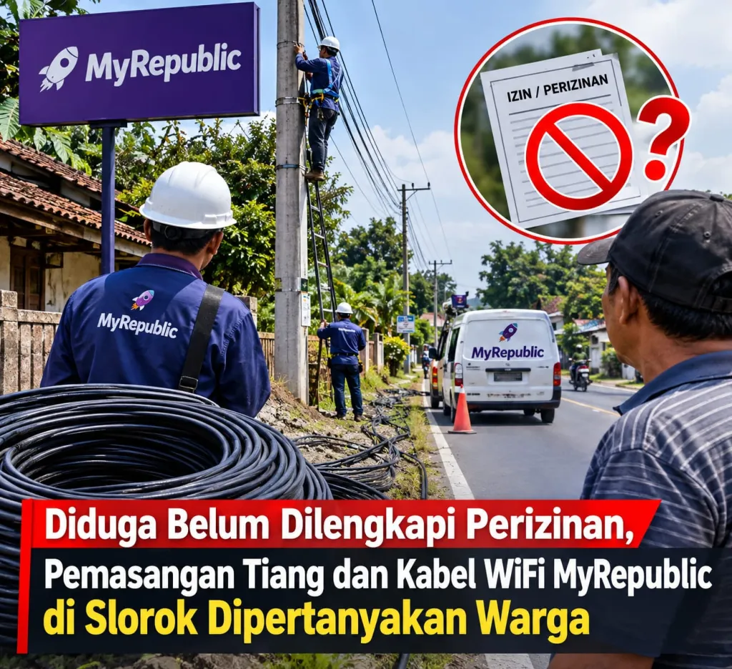 Diduga Belum Dilengkapi Perizinan, Pemasangan Tiang dan Kabel WiFi MyRepublic di Slorok Dipertanyakan Warga